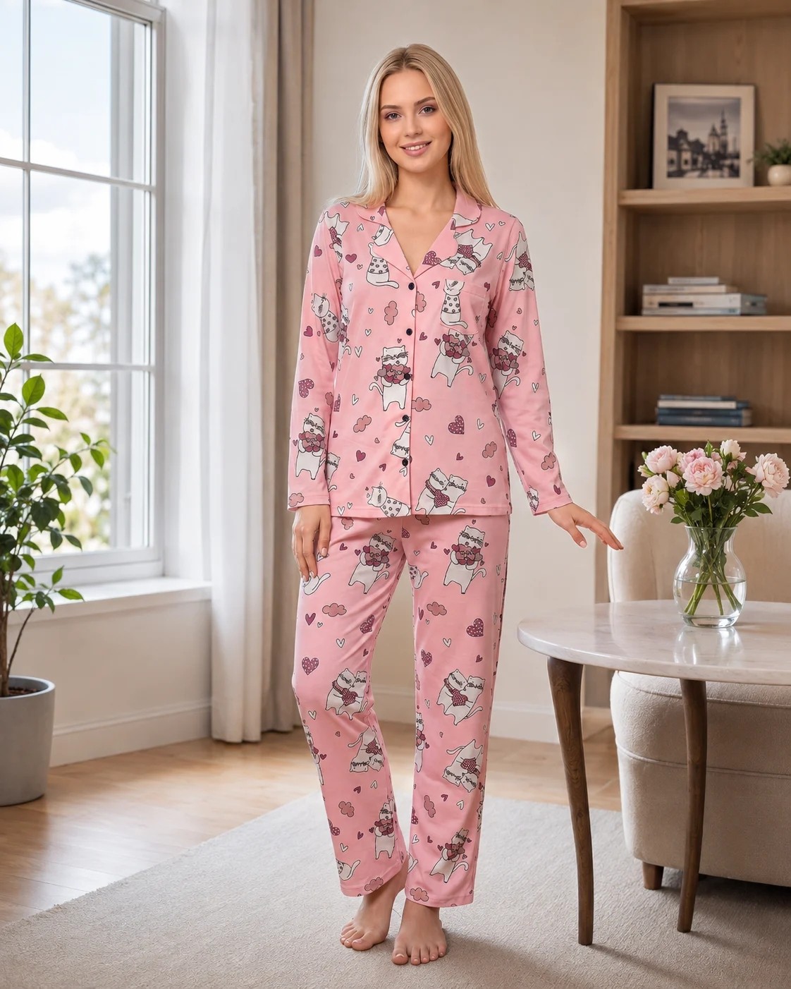 Kadın Viskon Pijama Takımı Mevsimlik Uzun Kollu Boydan Düğmeli Desenli Pijama S M L Xl 79-133
