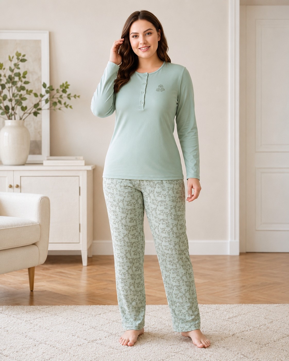 Flz Kadın Kışlık Viskon Pijama Takımı M L Xl Xxl | Uzun Kollu Boydan Düğmeli Şık Ev Giyimı B89-100 görsel 7