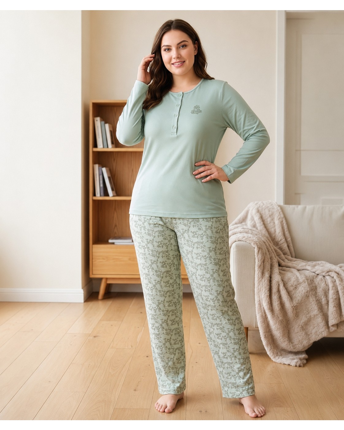 Flz Kadın Kışlık Viskon Pijama Takımı M L Xl Xxl | Uzun Kollu Boydan Düğmeli Şık Ev Giyimı B89-100 görsel 8