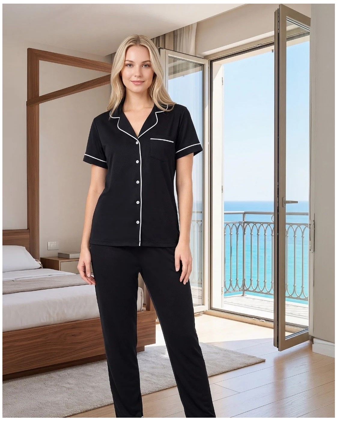 Kadın Viskon Pijama Takımı Yazlık Kısa Kollu Boydan Düğmeli Biyeli Şık Pijama M L Xl Xxl 780-108 görsel 8