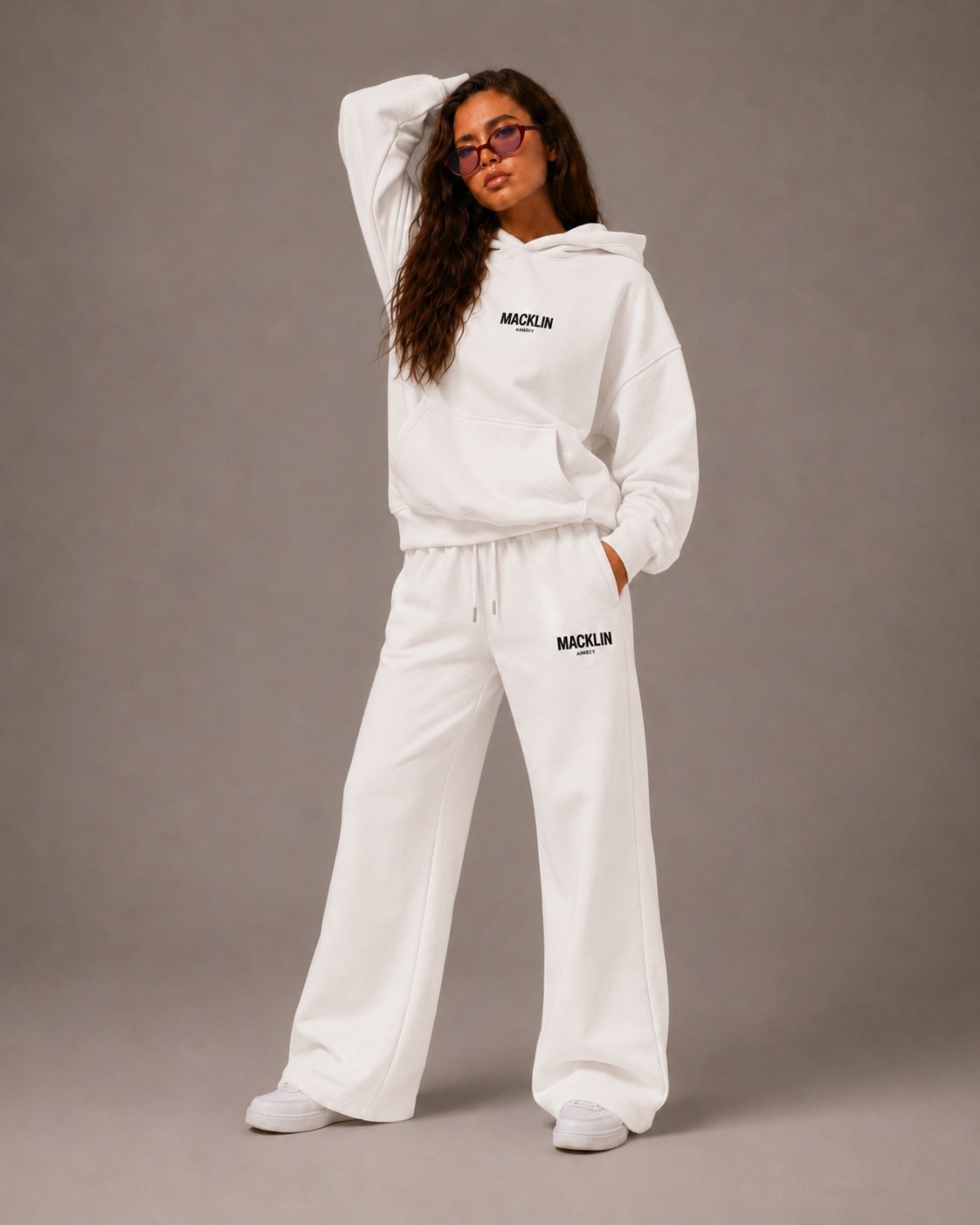 Macklin Unisex Kadın Erkek Minimal Yazı Baskılı Oversize 3 Iplik Kapüşonlu Sweatshirt ve Baggy Eşofman Altı