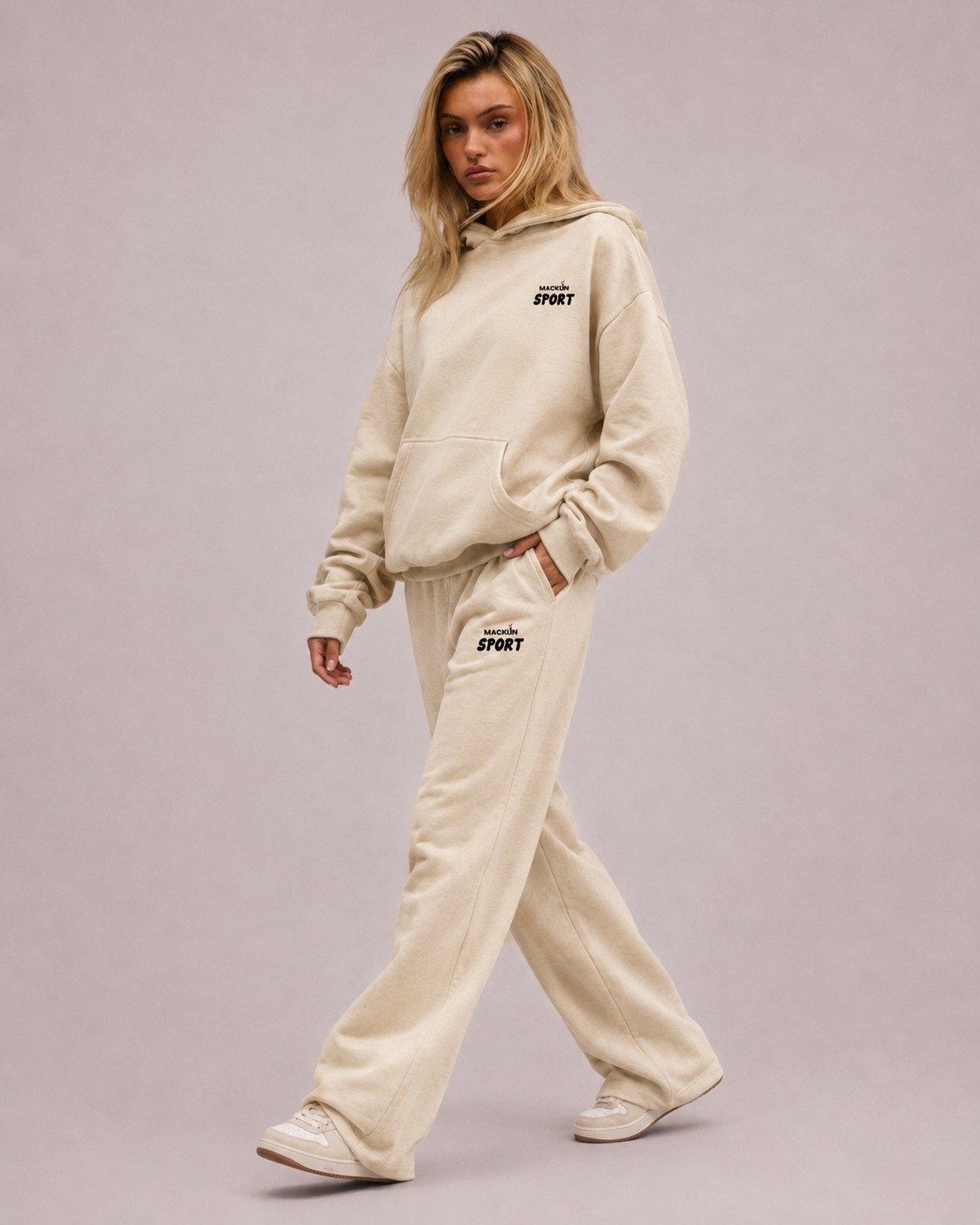 Macklin Unisex Kadın Erkek Macklin Sport Minimal Yazı Baskılı Oversize 3 Iplik Kapüşonlu Sweatshirt ve Baggy Eşofman Altı