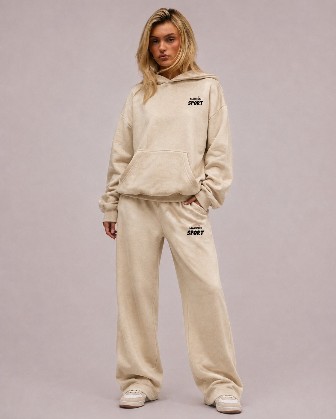 Macklin Unisex Kadın Erkek Macklin Sport Minimal Yazı Baskılı Oversize 3 Iplik Kapüşonlu Sweatshirt ve Baggy Eşofman Altı görsel 2
