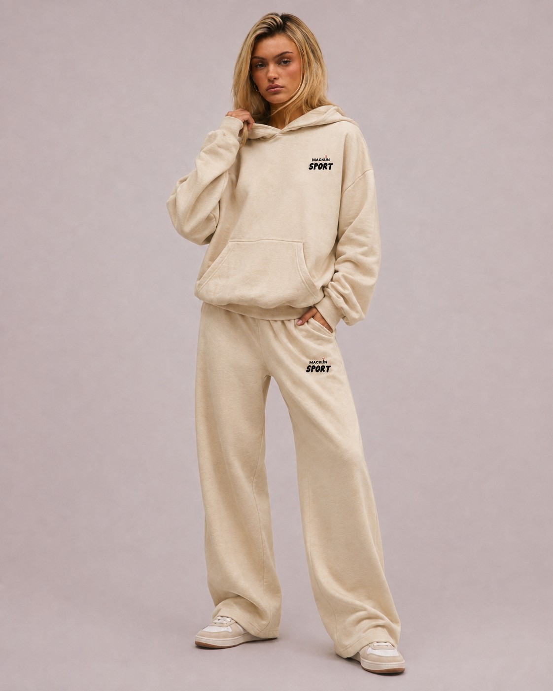 Macklin Unisex Kadın Erkek Macklin Sport Minimal Yazı Baskılı Oversize 3 Iplik Kapüşonlu Sweatshirt ve Baggy Eşofman Altı görsel 4