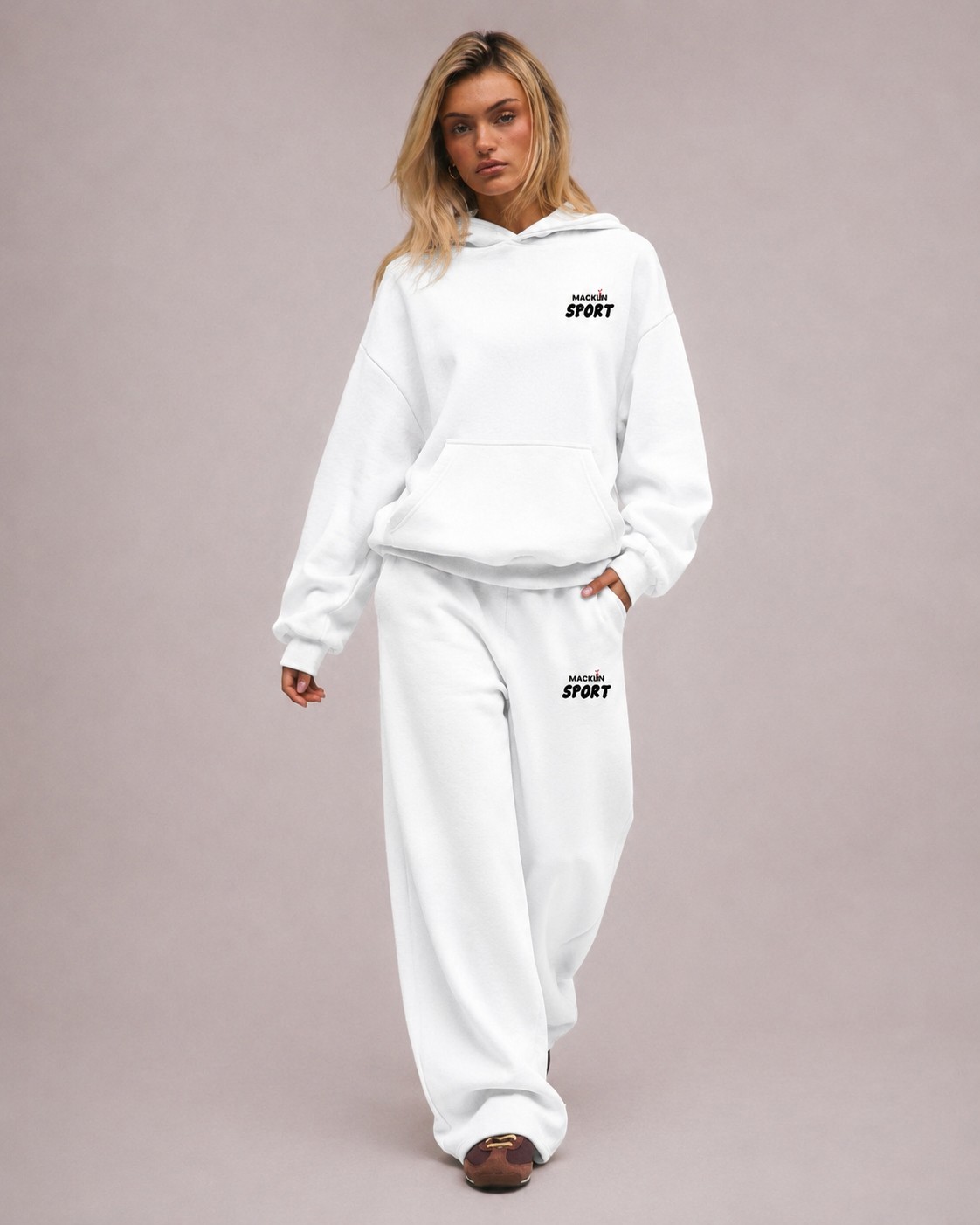 Macklin Unisex Kadın Erkek Macklin Sport Minimal Yazı Baskılı Oversize 3 Iplik Kapüşonlu Sweatshirt ve Baggy Eşofman Altı