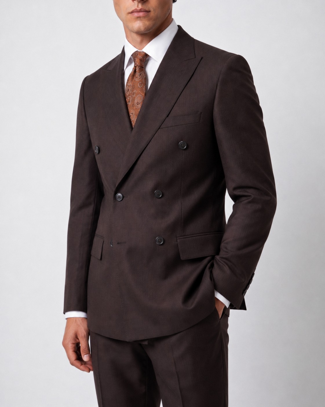 HC MEN CLASSIC Erkek Kahverengi Regular Fit Armürlü Polyamid Kruvaze Takım Elbise görsel 2