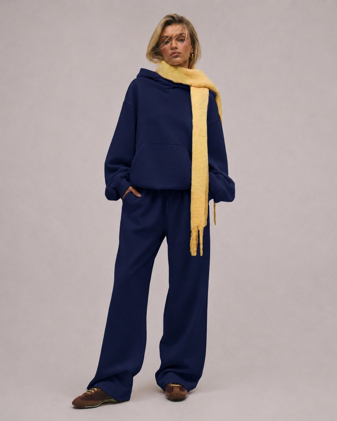 Macklin Unisex Kadın Erkek Baskısız Rahat Kalıp Oversize 3 Iplik Kapüşonlu Hoodie ve Baggy Eşofman Altı görsel 6