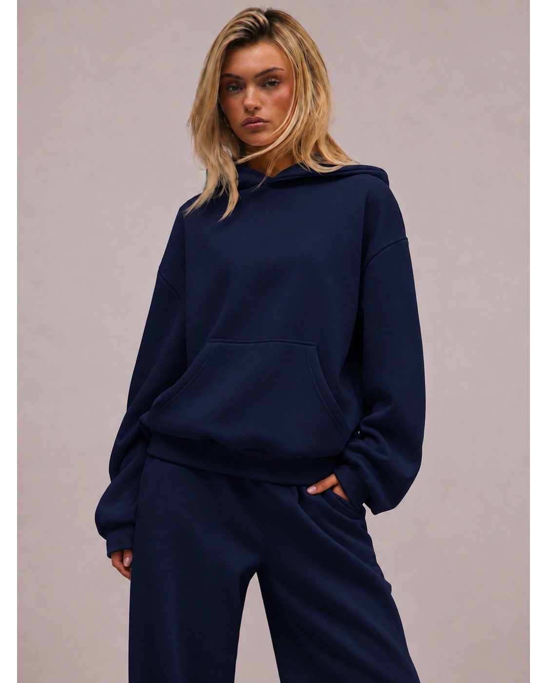 Macklin Unisex Kadın Erkek Baskısız Rahat Kalıp Oversize 3 Iplik Kapüşonlu Hoodie ve Baggy Eşofman Altı görsel 7