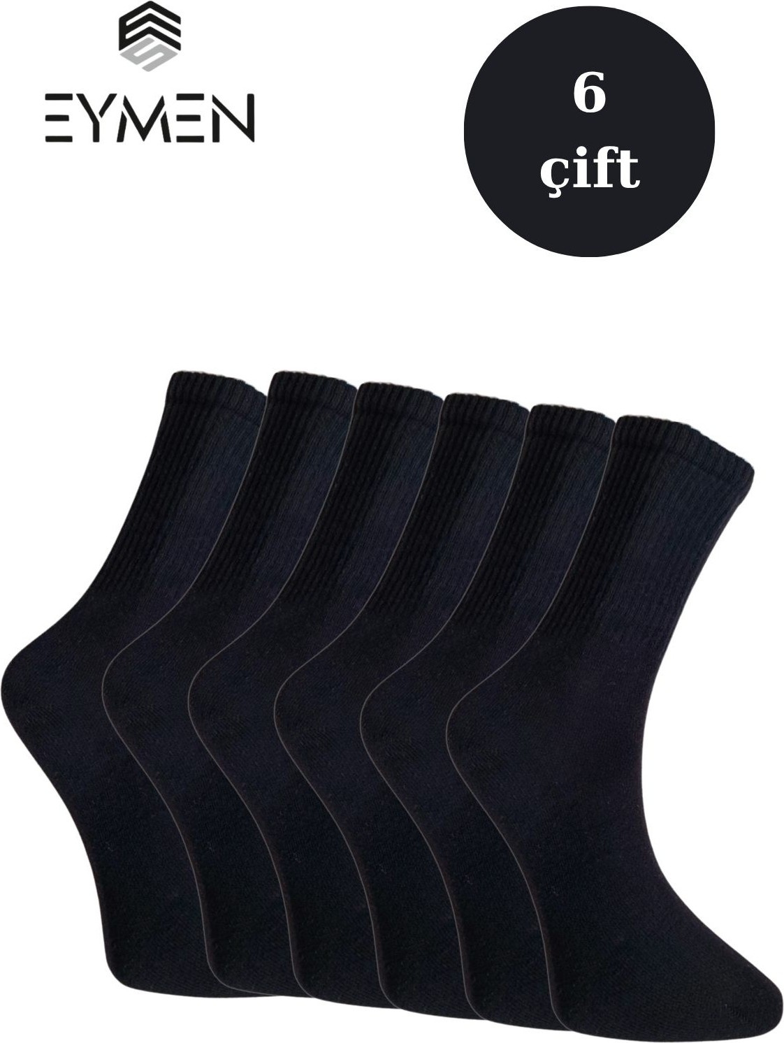 Eymen Socks 6'lı Paket Unisex Kolej & Tenis Çorabı Düz Renk Siyah | Pamuklu Uzun (Kadın & Erkek)