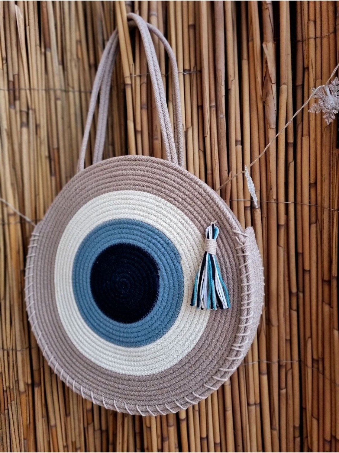 Zuviel Deco 40 cm El Yapımı Yuvarlak Nazar Boncuğu Tress Pamuk Çanta,plaj Çantası Mavi / 40 x 40 görsel 2