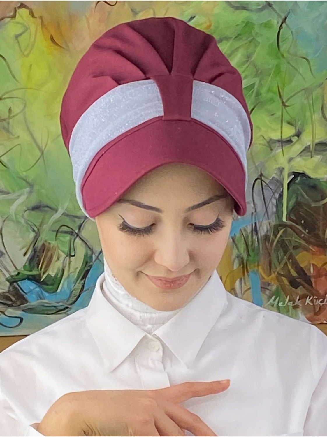Butik Ambar Cırtcırtlı Açık Gri Simli Şifon Fularlı Şapka görsel 2