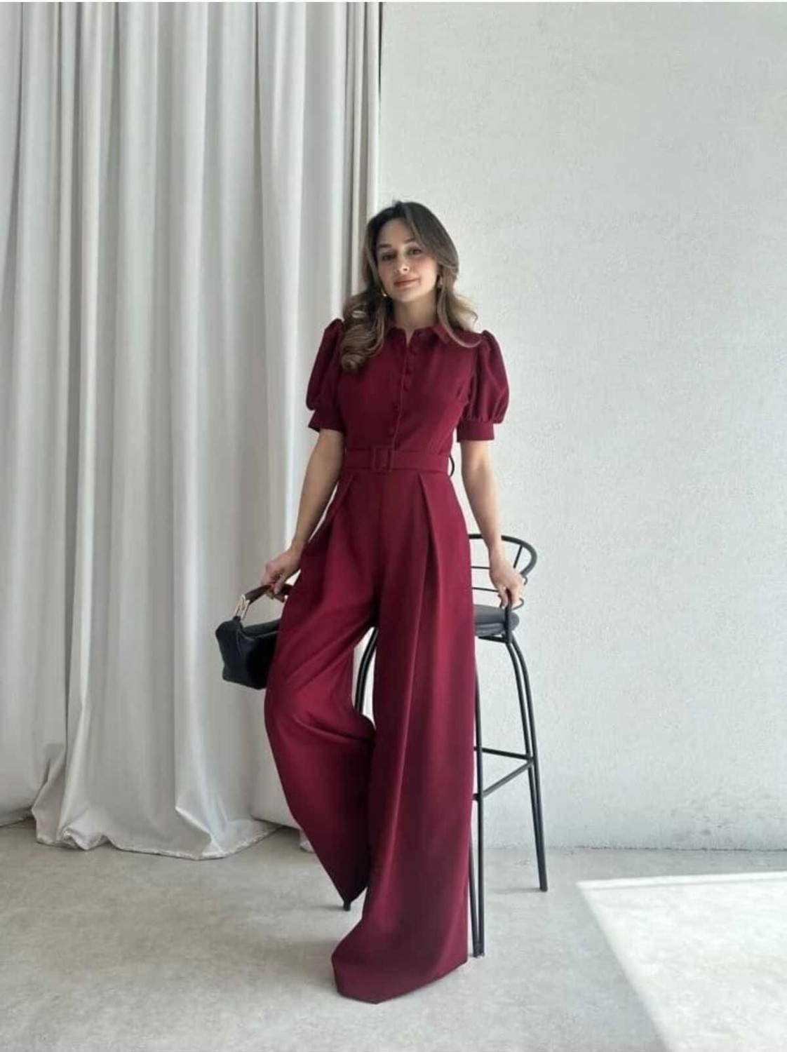 Moda Durağı Steffy Premium Tulum Bordo Kısa Kol Pamuk Kumaş Cepsiz Gömlek Yaka Şık Tasarım görsel 2
