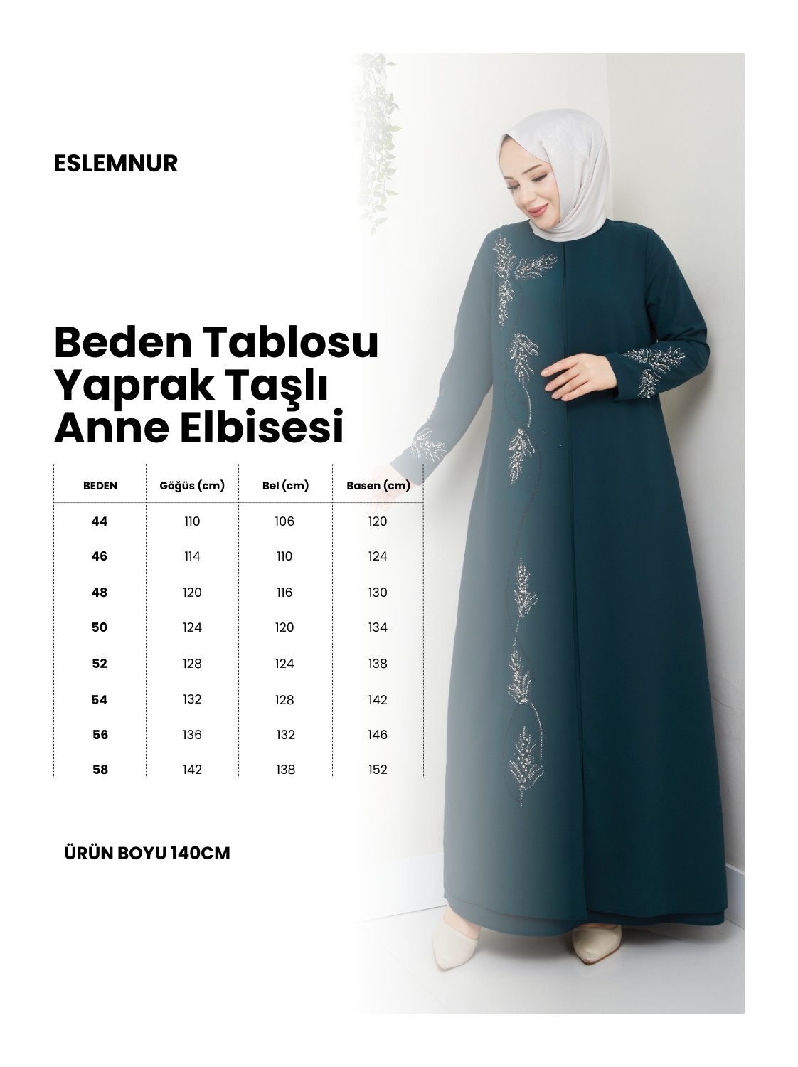 Eslemnur Büyük Beden Yaprak Taşlı Anne Elbisesi EN7008 görsel 7
