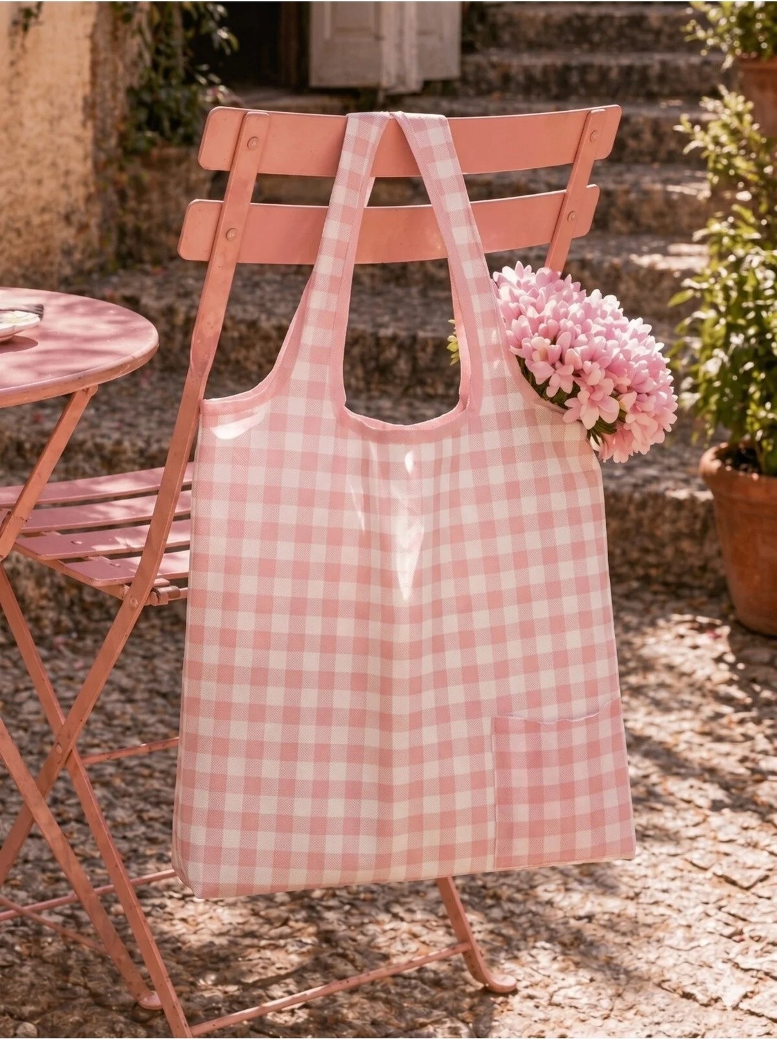 Tarzını Seç Katlanabilir Cepli Bez Market Çantası 44X48 cm, Pembe Pötikare Desenli Alışveriş Çantası