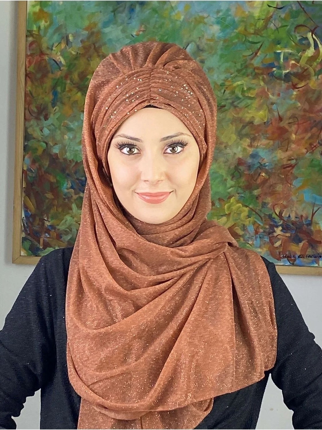 Butik Ambar Sultan Model Bakır Simli Şifon Büzgülü Şal