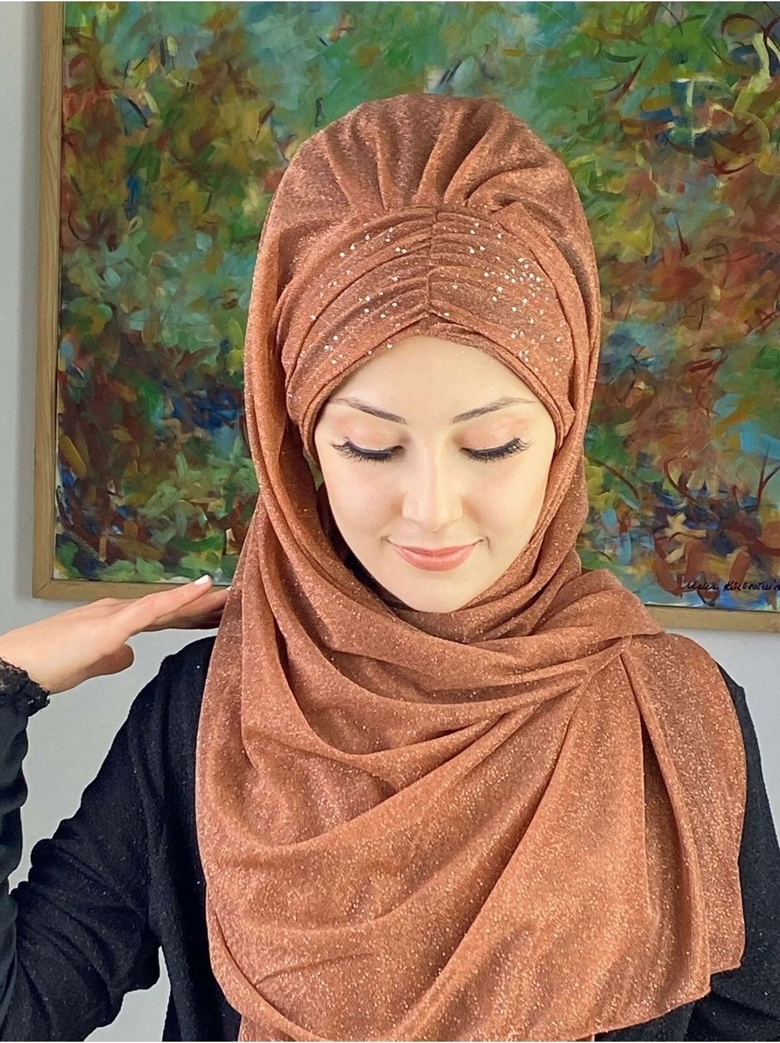 Butik Ambar Sultan Model Bakır Simli Şifon Büzgülü Şal görsel 2