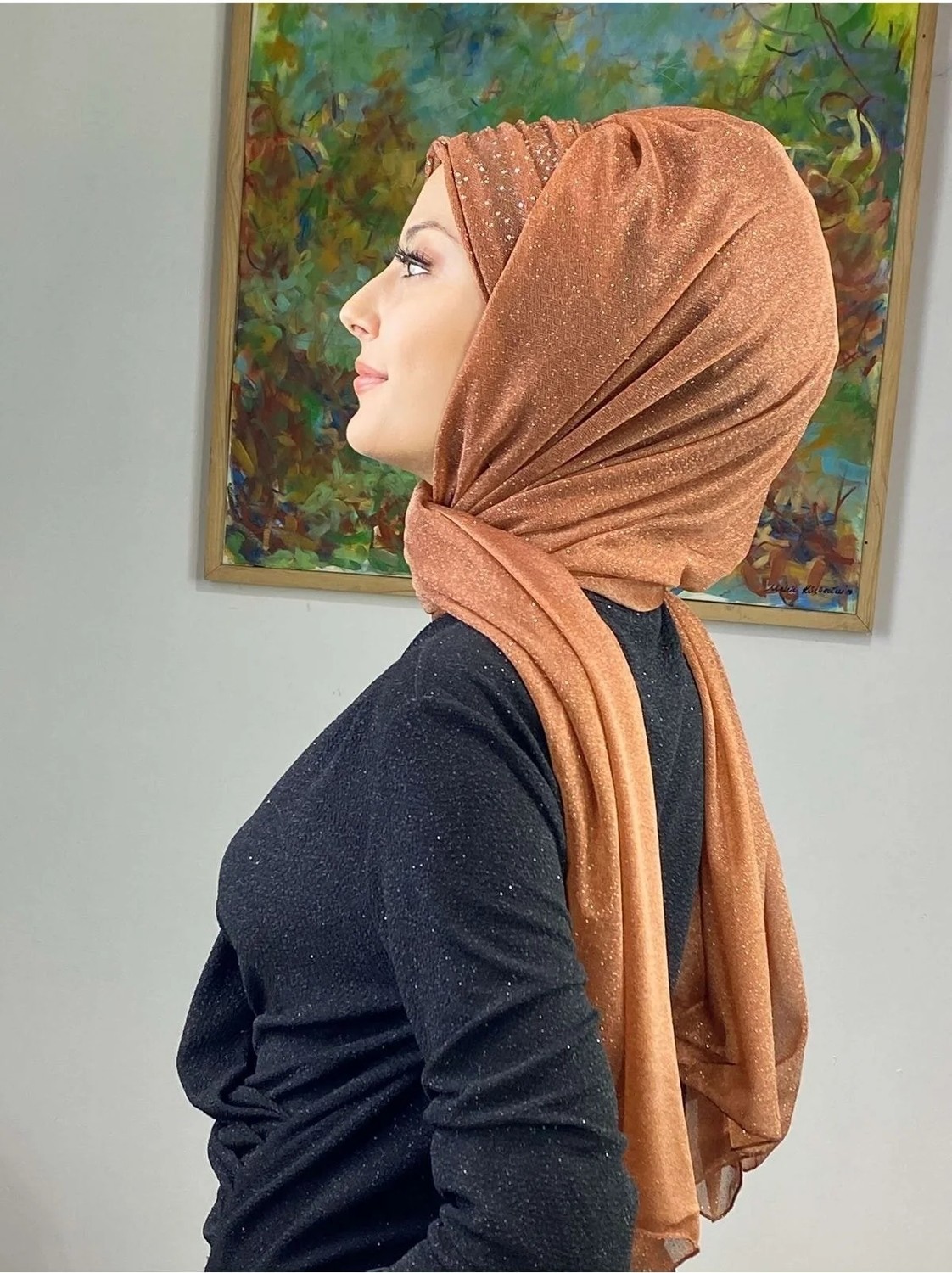 Butik Ambar Sultan Model Bakır Simli Şifon Büzgülü Şal görsel 4
