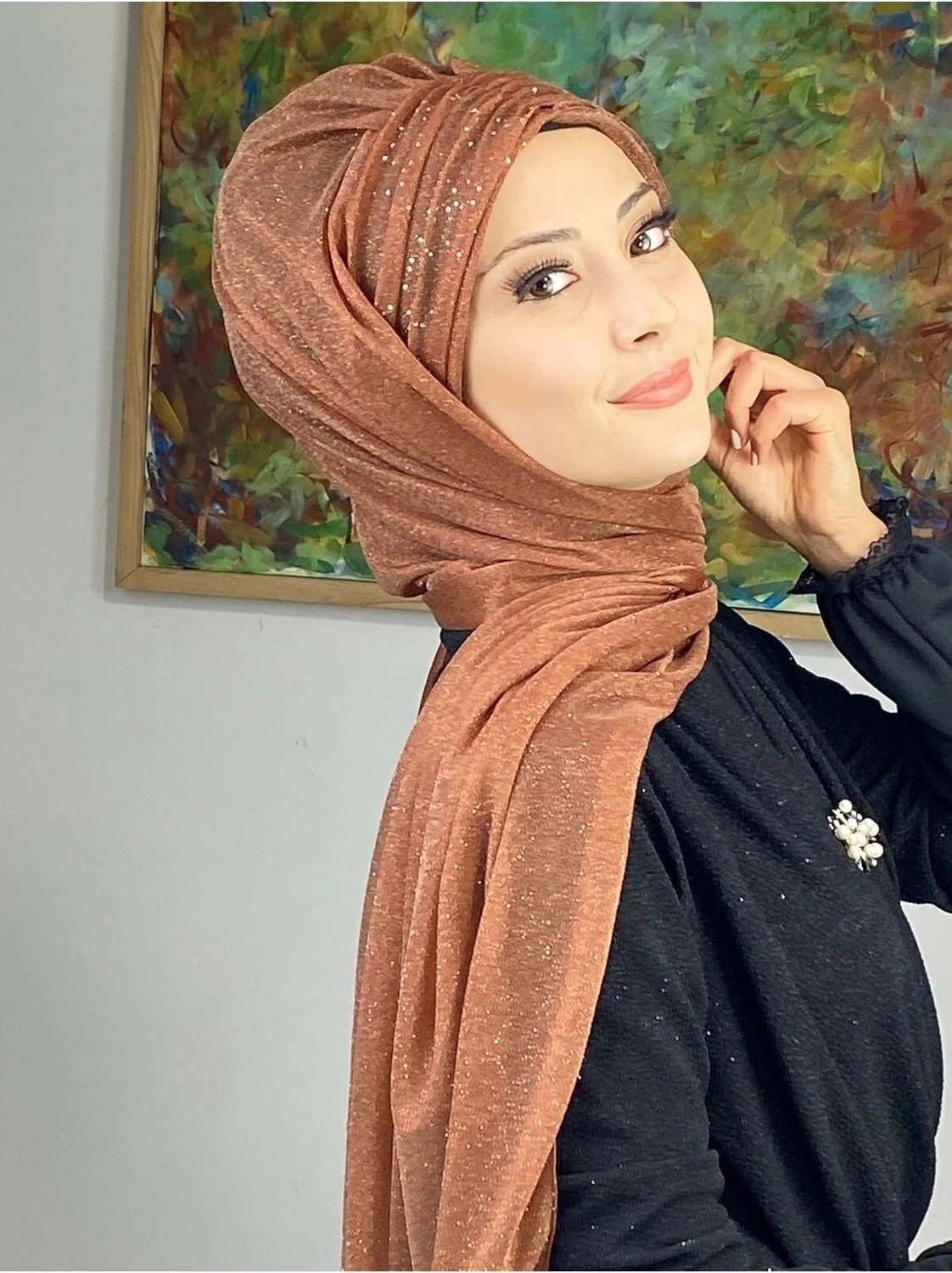 Butik Ambar Sultan Model Bakır Simli Şifon Büzgülü Şal görsel 5