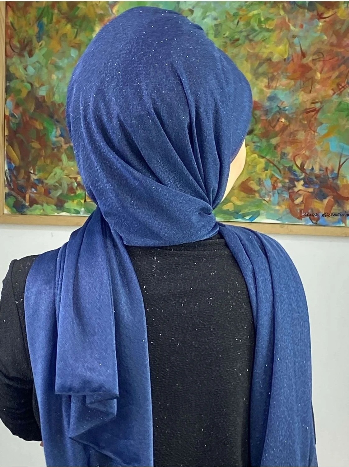 Butik Ambar Topkapı Lacivert Simli Çapraz Drapeli Hazır Şal görsel 5