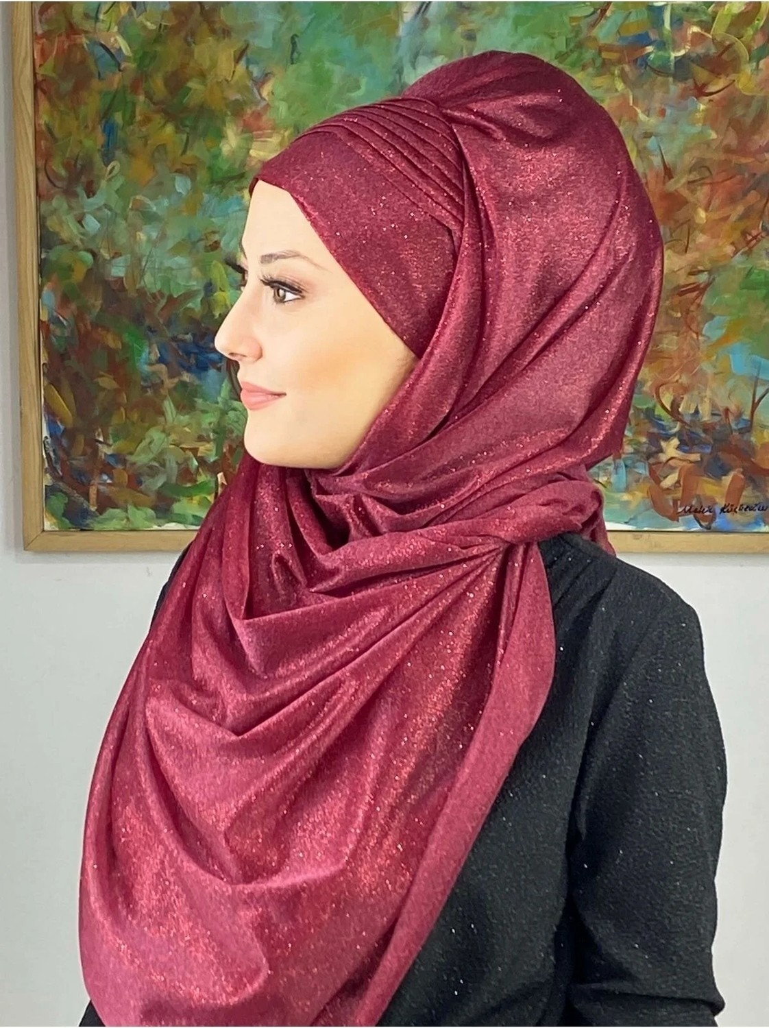 Butik Ambar Saray Model Bordo Simli Yan Drapeli Şal görsel 2
