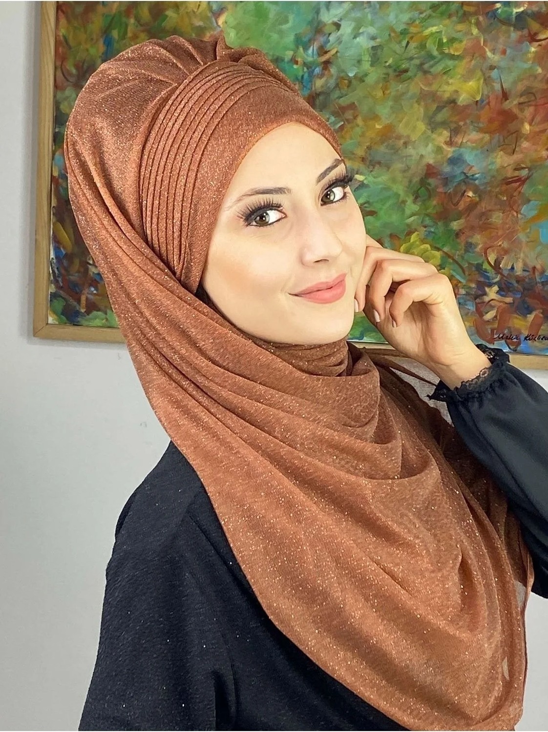 Butik Ambar Saray Model Bakır Simli Yan Drapeli Şal görsel 2