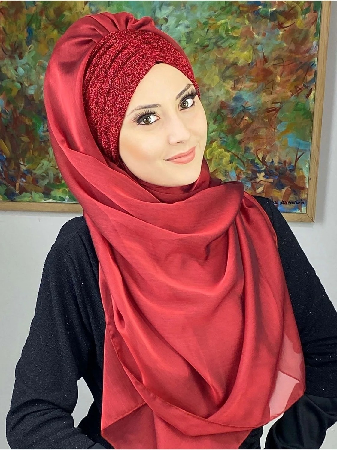 Butik Ambar Sultan Model Kırmızı Fransız Şifon Büzgülü Şal