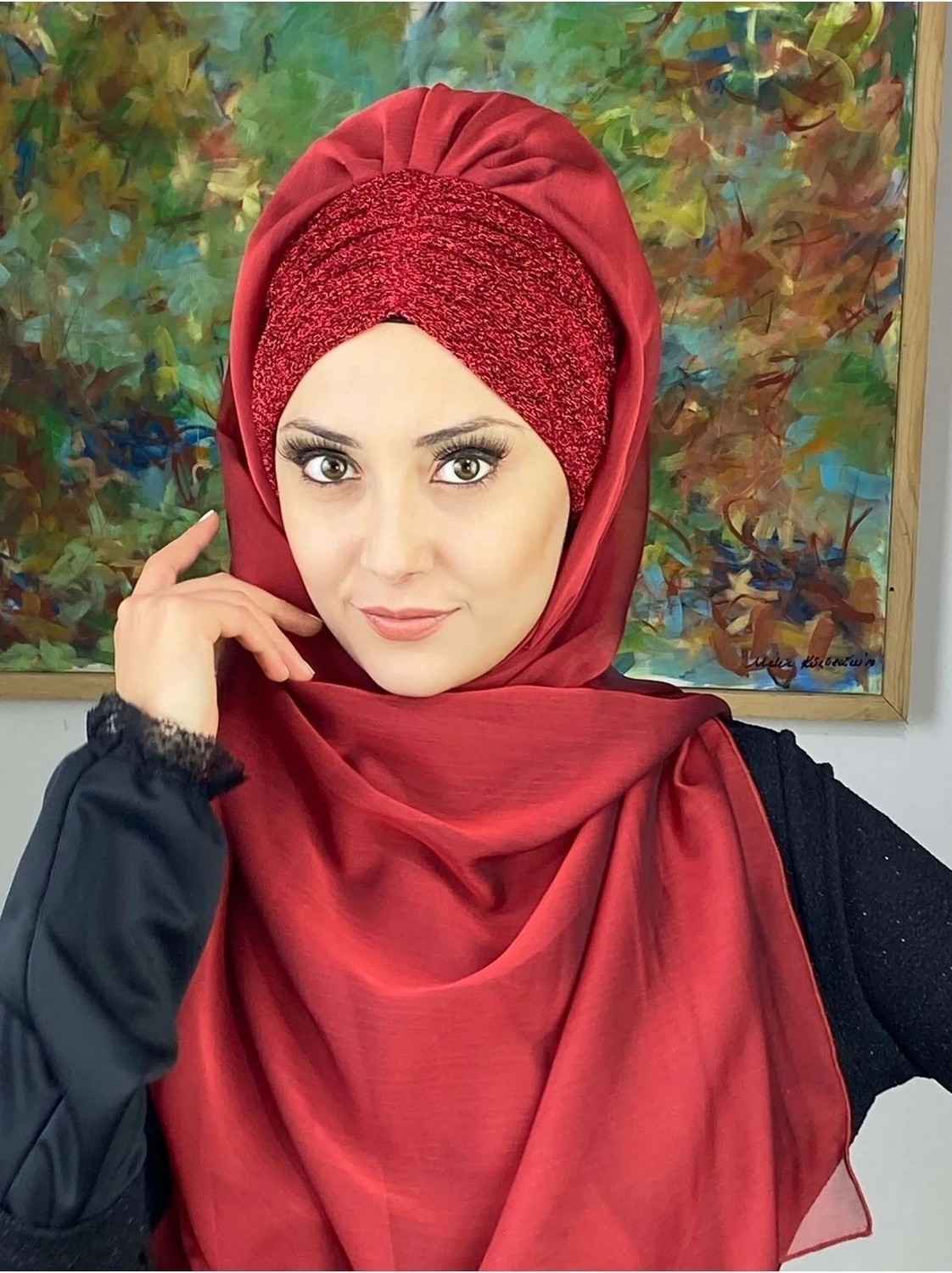 Butik Ambar Sultan Model Kırmızı Fransız Şifon Büzgülü Şal görsel 2
