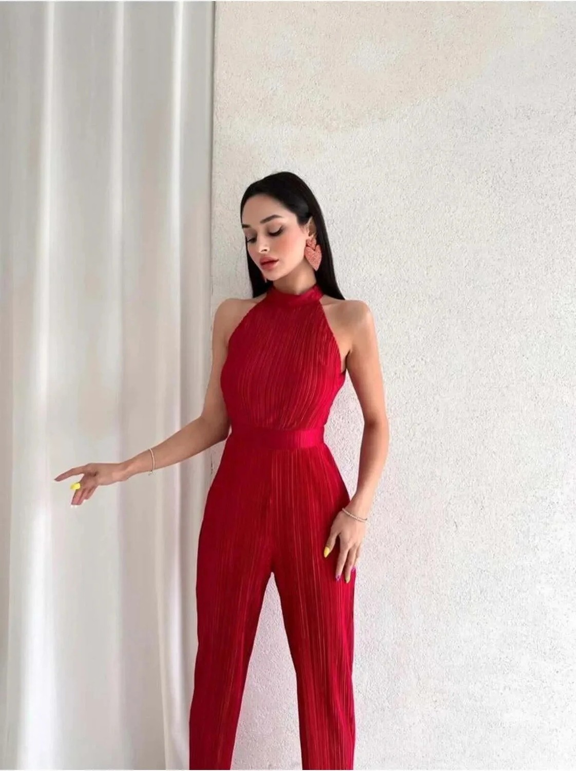 Empressco Misscix Fitilli Kolsuz Halter Yaka Kadın Kırmızı Tulum - Abiye & Mezuniyet Tulum Elbise görsel 2