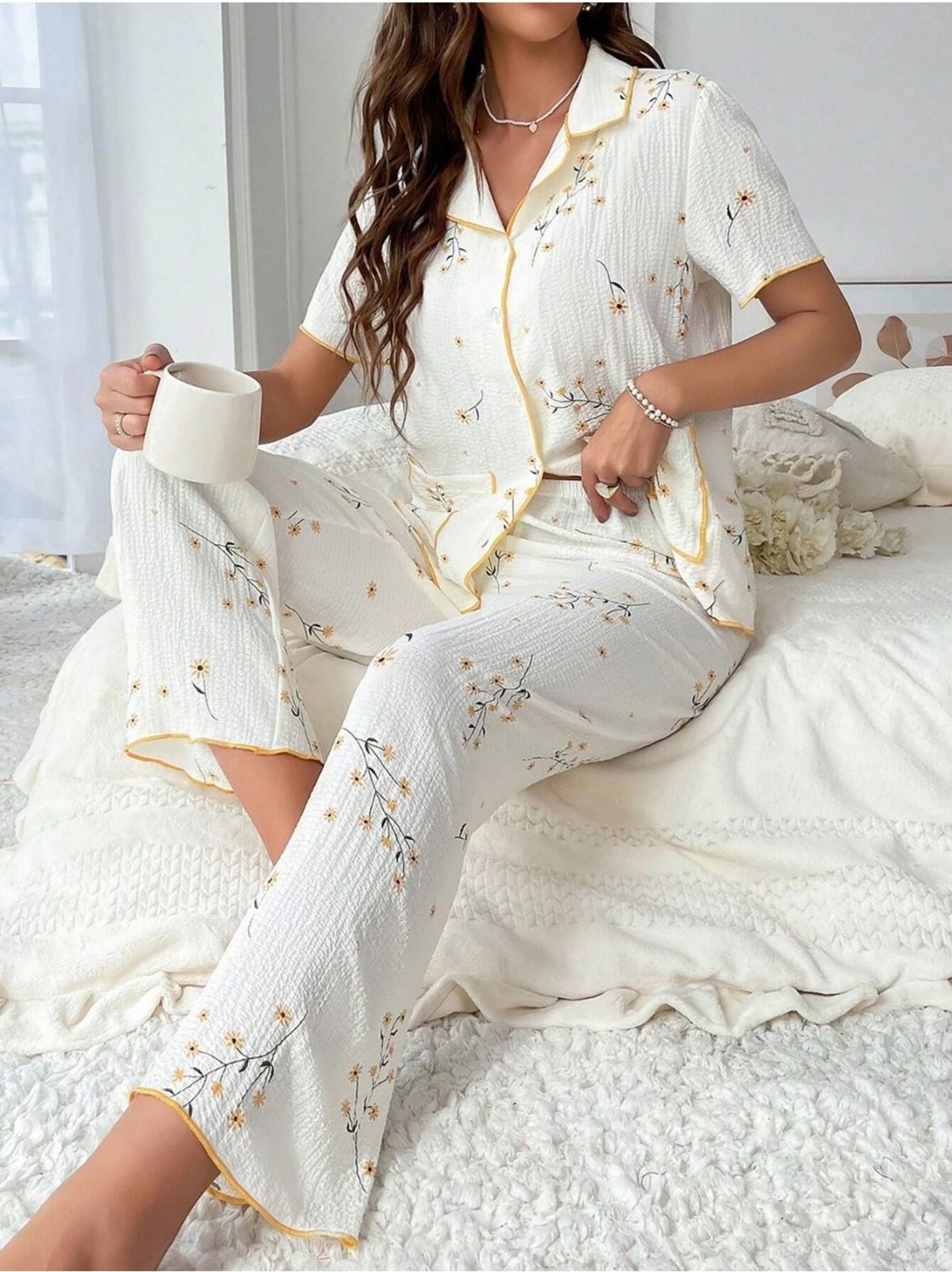 Bella Notte Çiçek Baskılı Cep Detaylı Düğmeli Günlük Pijama Takımı