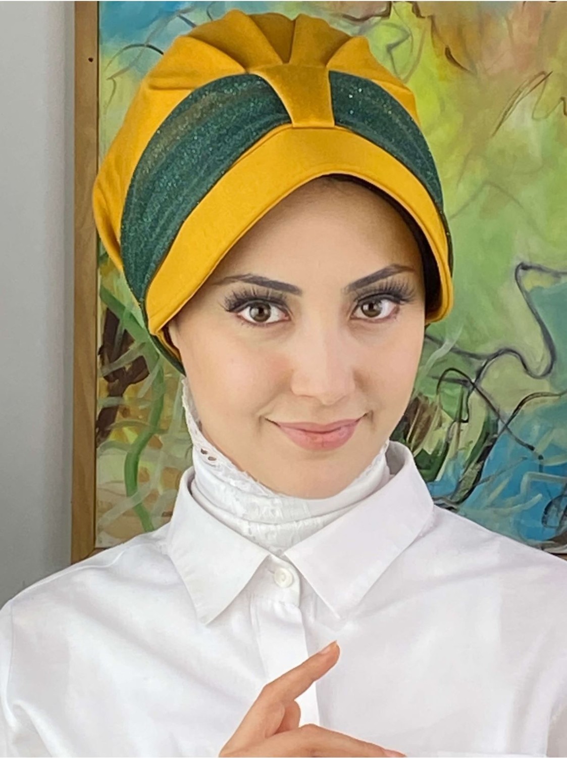 Butik Ambar Cırtcırtlı Nane Yeşili Şifon Fularlı Şapka görsel 2