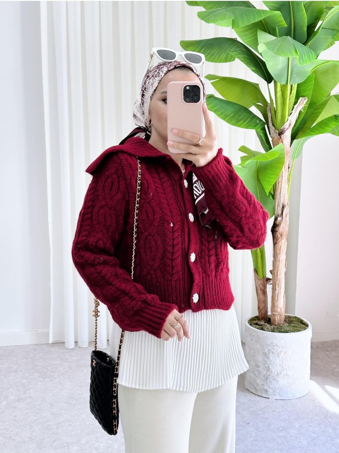 Aselim Hijap Moda Düğmeli Örgü Kalın Triko Hırka Bordo görsel 7