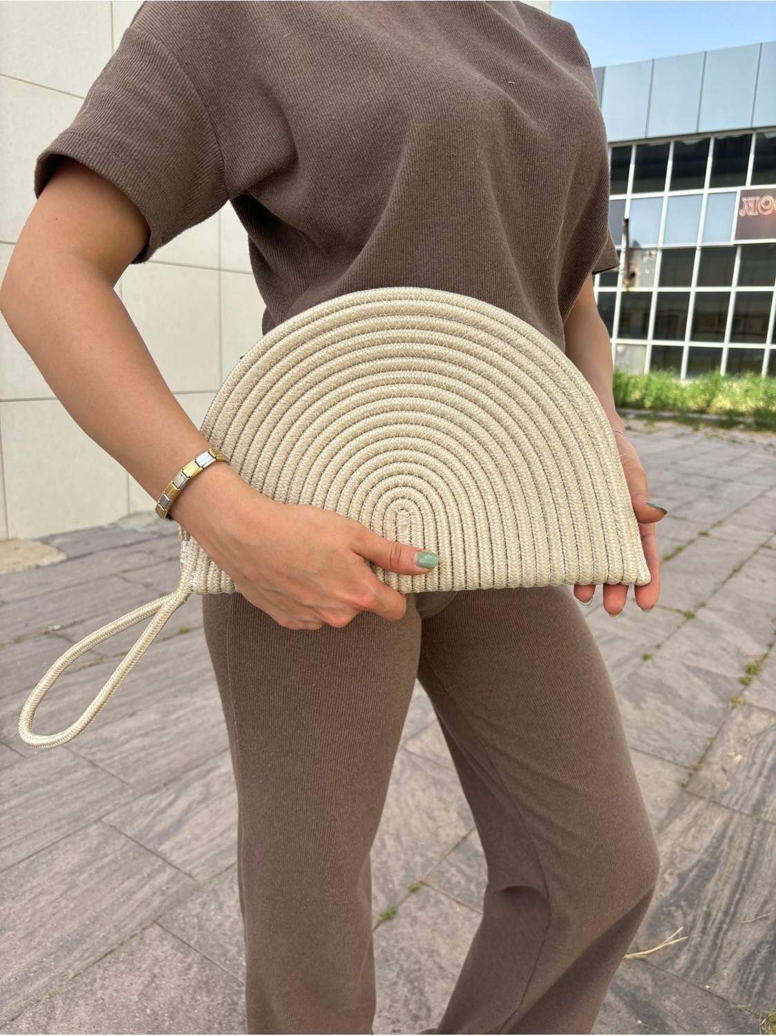 MaVaux Moss Fermuarlı Vegan Hasır Jüt Clutch Çanta Modern Tasarım Küçük Boy Suya Dayanıklı