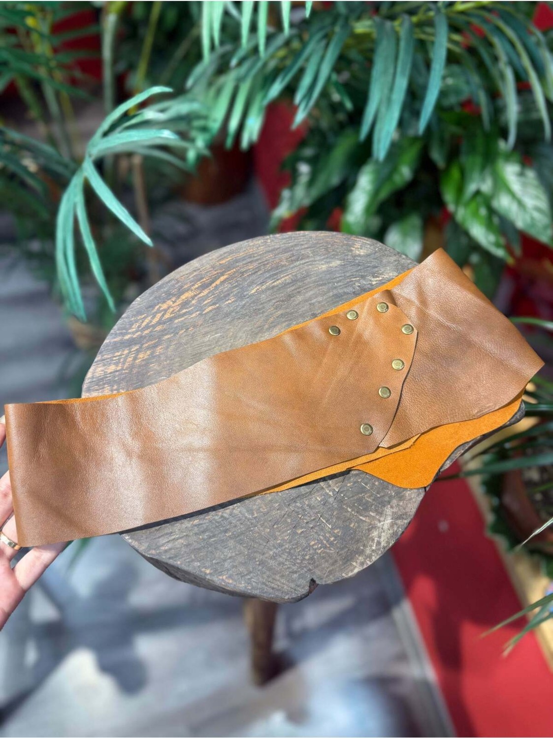 Yılday Gür Butik Arden Hakiki Deri Bohem El Yapımı Bel Kemeri, Taba & Krem görsel 4