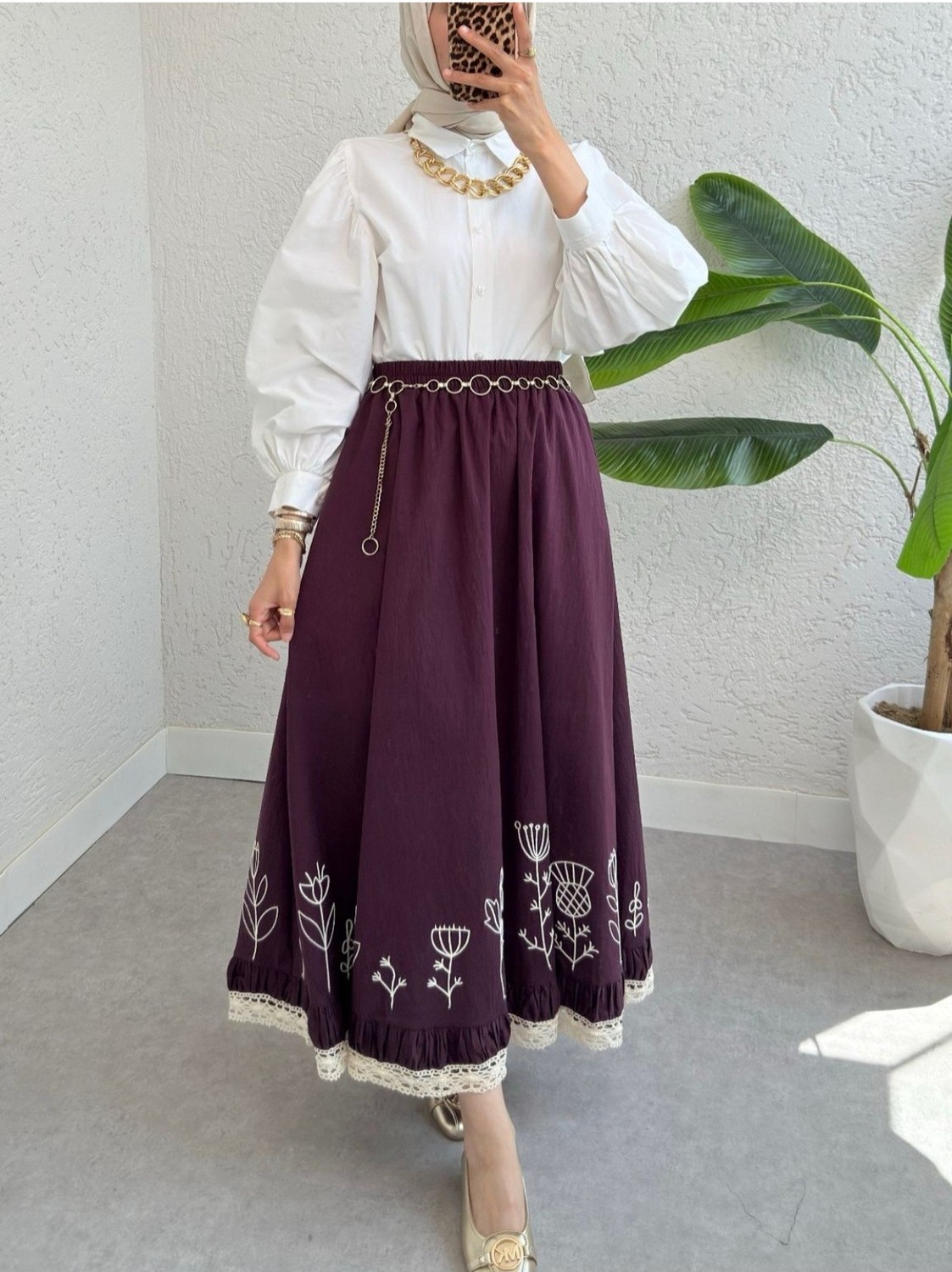 Moda Morfo Dantel İşlemeli Beli Lastikli Etek -Mürdüm görsel 3