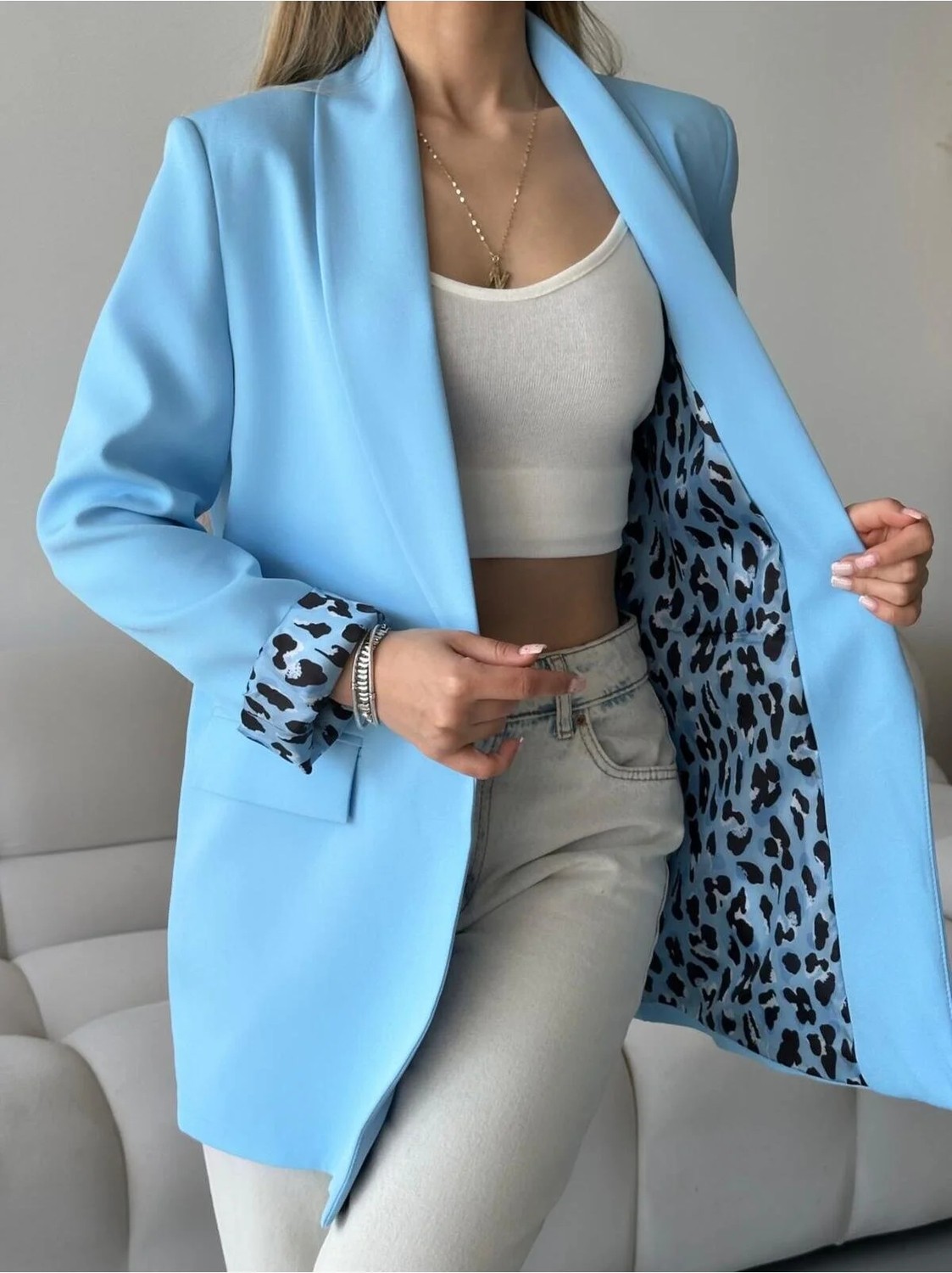 Vesantia Kadın Limon Sarısı Leopar Astar Detaylı Blazer Ceket