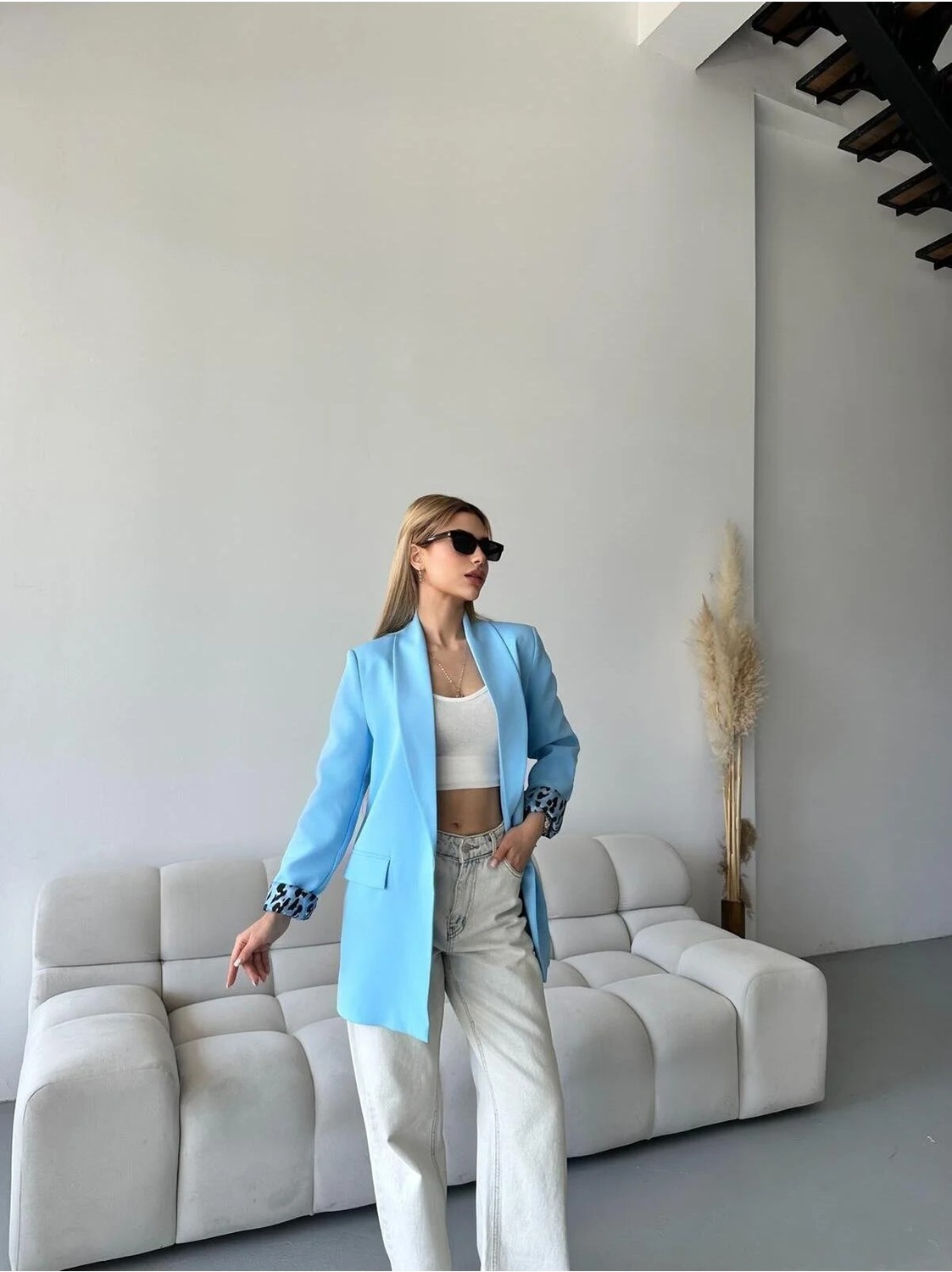 Vesantia Kadın Limon Sarısı Leopar Astar Detaylı Blazer Ceket görsel 6