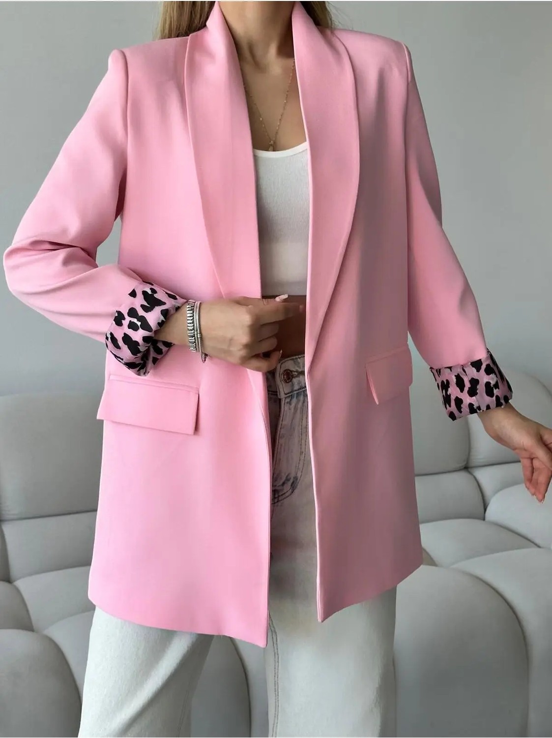 Vesantia Kadın Limon Sarısı Leopar Astar Detaylı Blazer Ceket