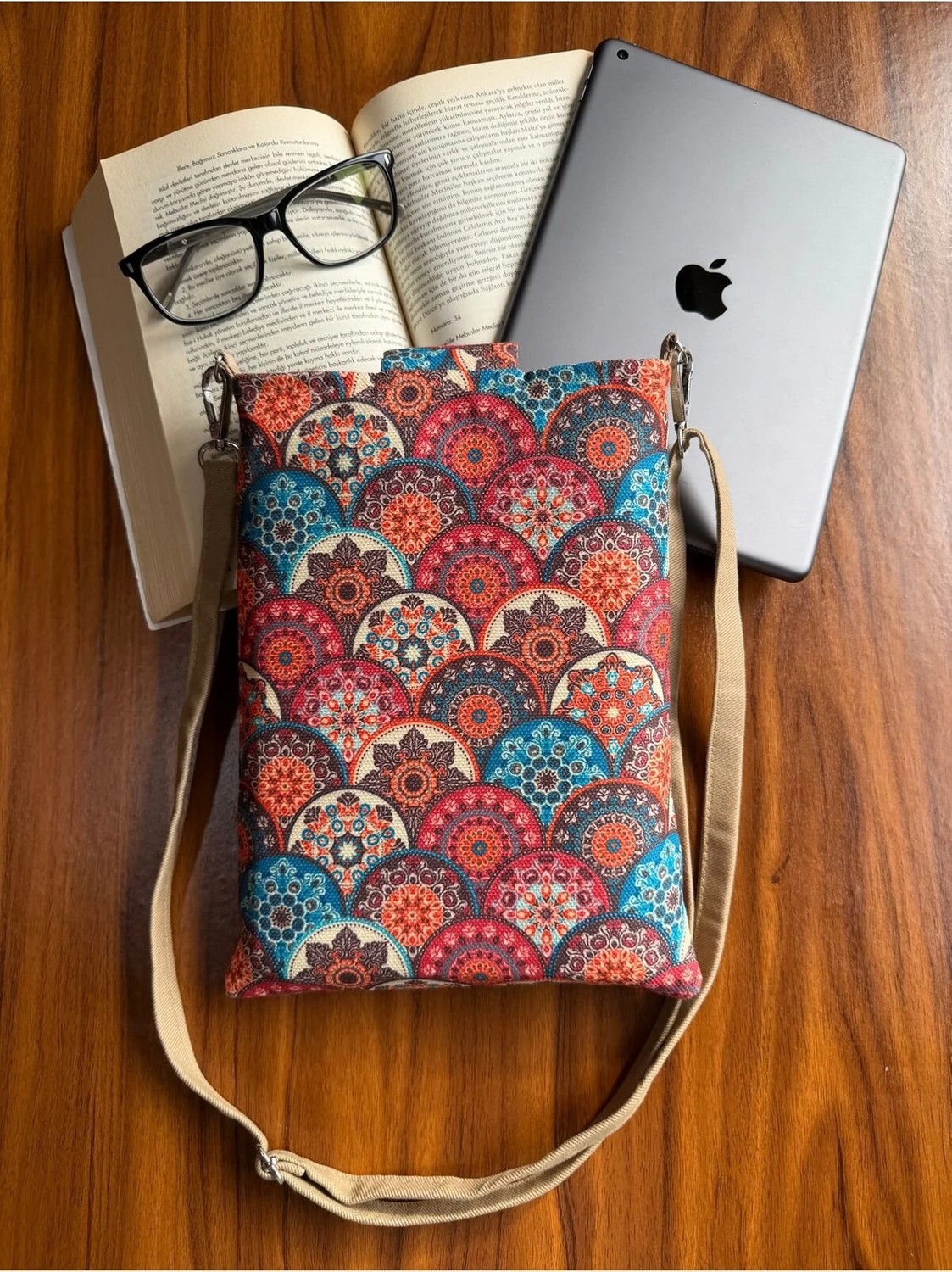 Aksesuar Sepeti El Yapımı Cepli Organizer Çanta, Taşıma Askılı Tablet Kılıfı, Kitap Kılıfı, 19x26 cm görsel 8