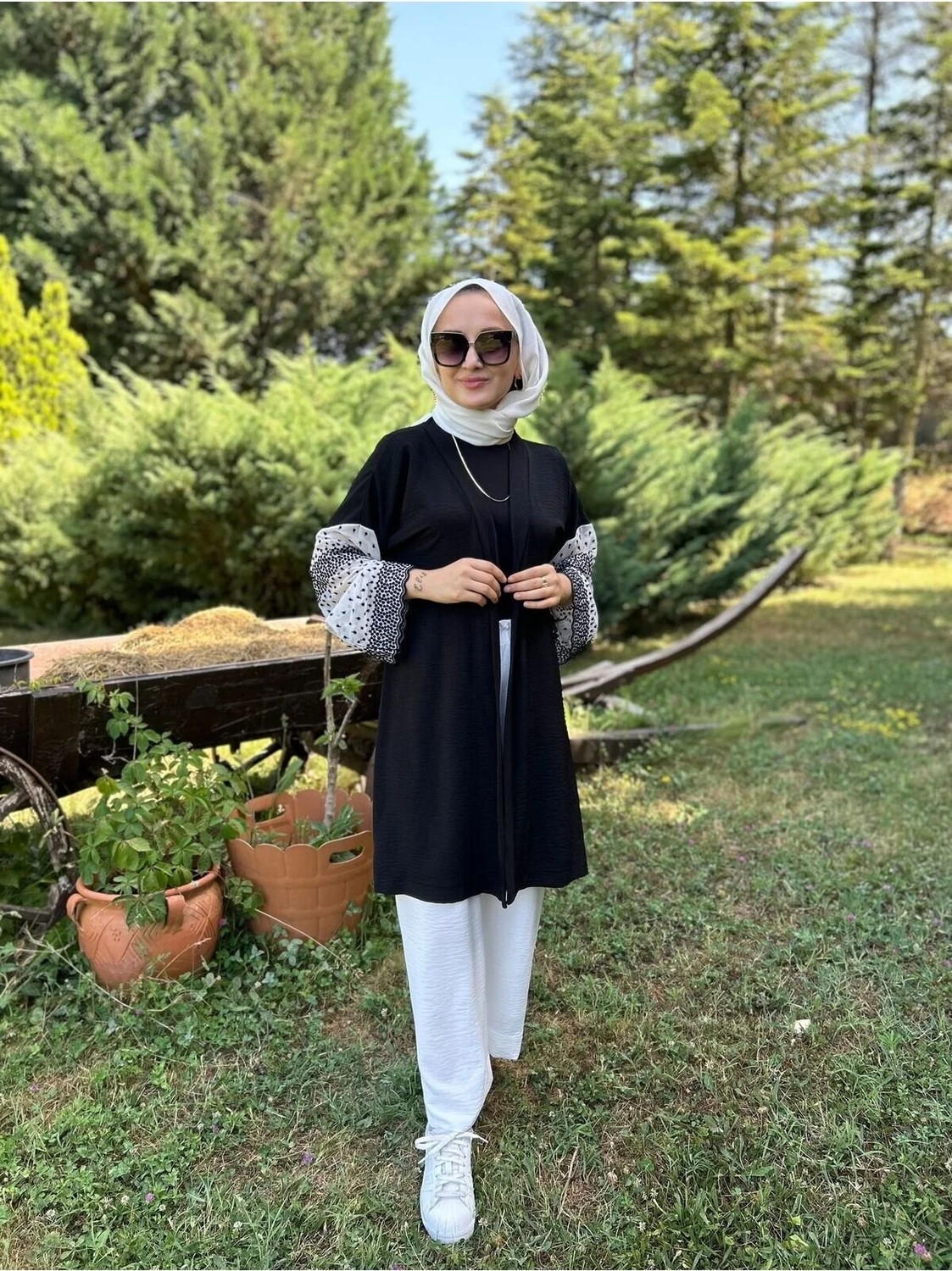 Aysun Aydemir Siyah Dantel Detaylı Üst Beyaz Pantolonlu 2 Li Kimono Takım görsel 7