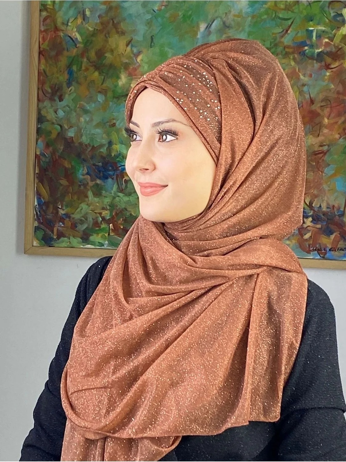 Butik Ambar Sultan Model Bakır Simli Şifon Büzgülü Şal görsel 3