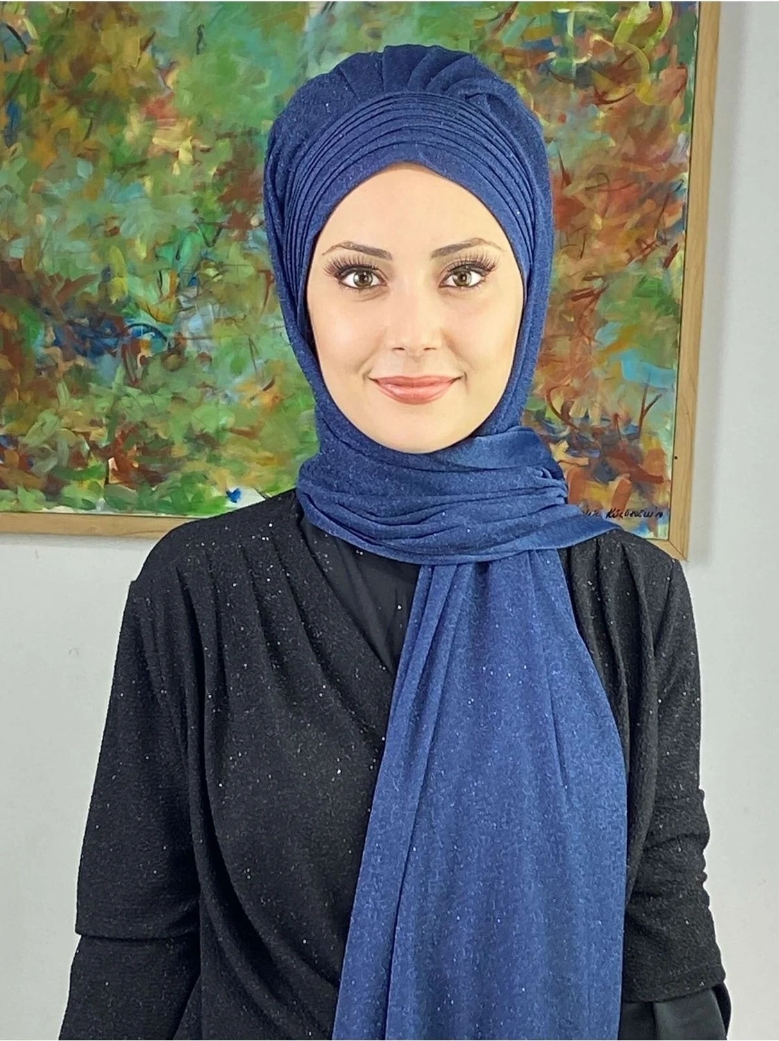 Butik Ambar Topkapı Lacivert Simli Çapraz Drapeli Hazır Şal görsel 2