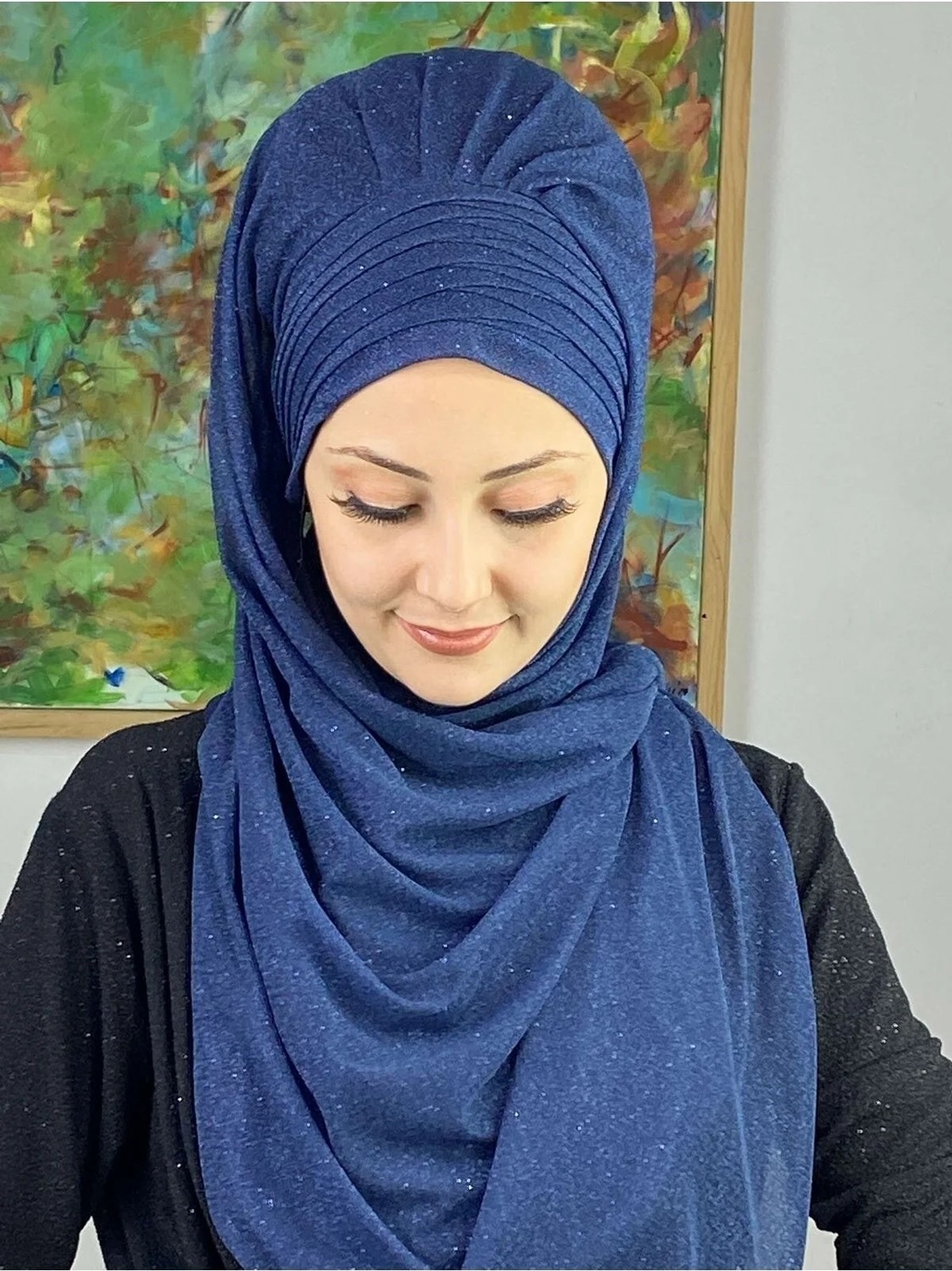 Butik Ambar Topkapı Lacivert Simli Çapraz Drapeli Hazır Şal görsel 4