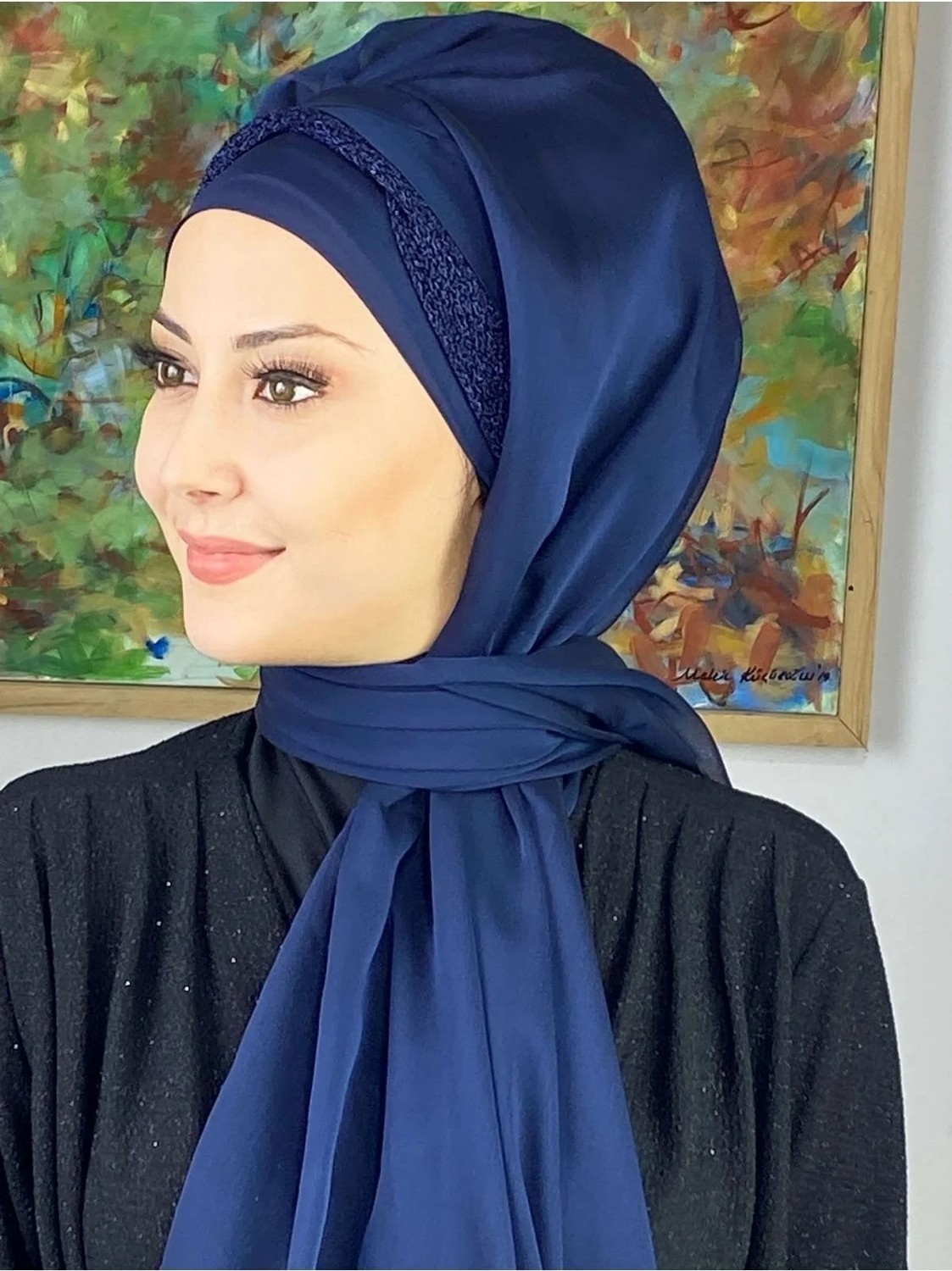 Butik Ambar Topkapı Model Lacivert Büzgülü Şal görsel 5