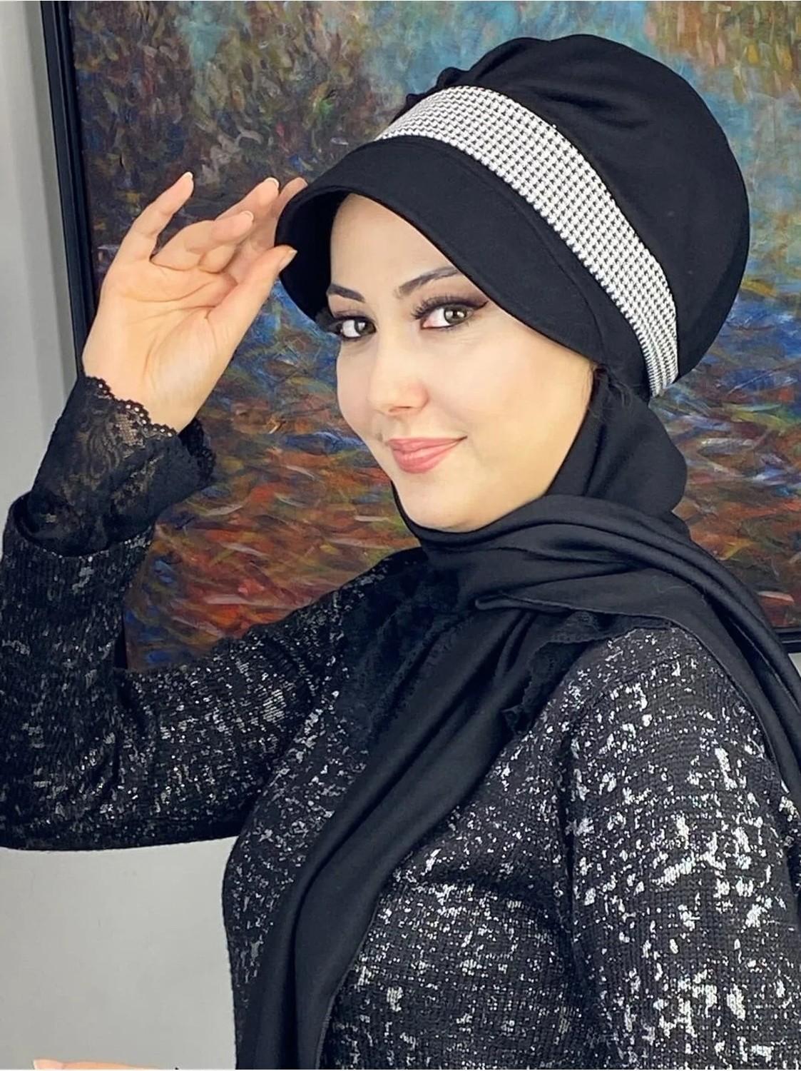Butik Ambar Beyaz Kazayağı Desenli Şapka görsel 2