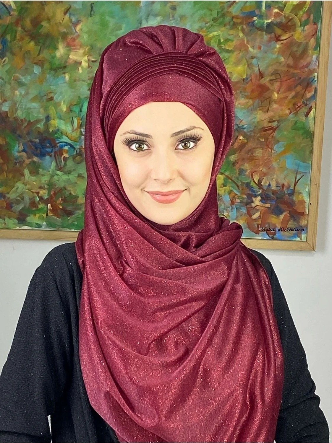 Butik Ambar Saray Model Bordo Simli Yan Drapeli Şal