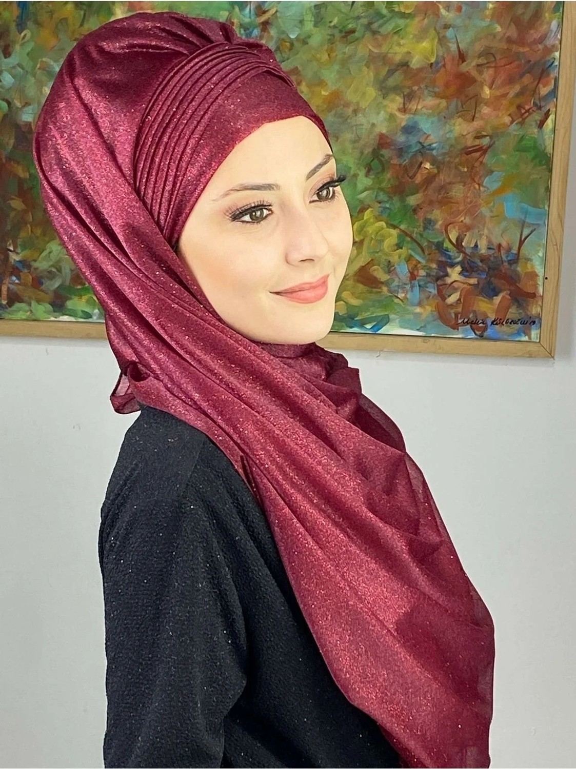Butik Ambar Saray Model Bordo Simli Yan Drapeli Şal görsel 3