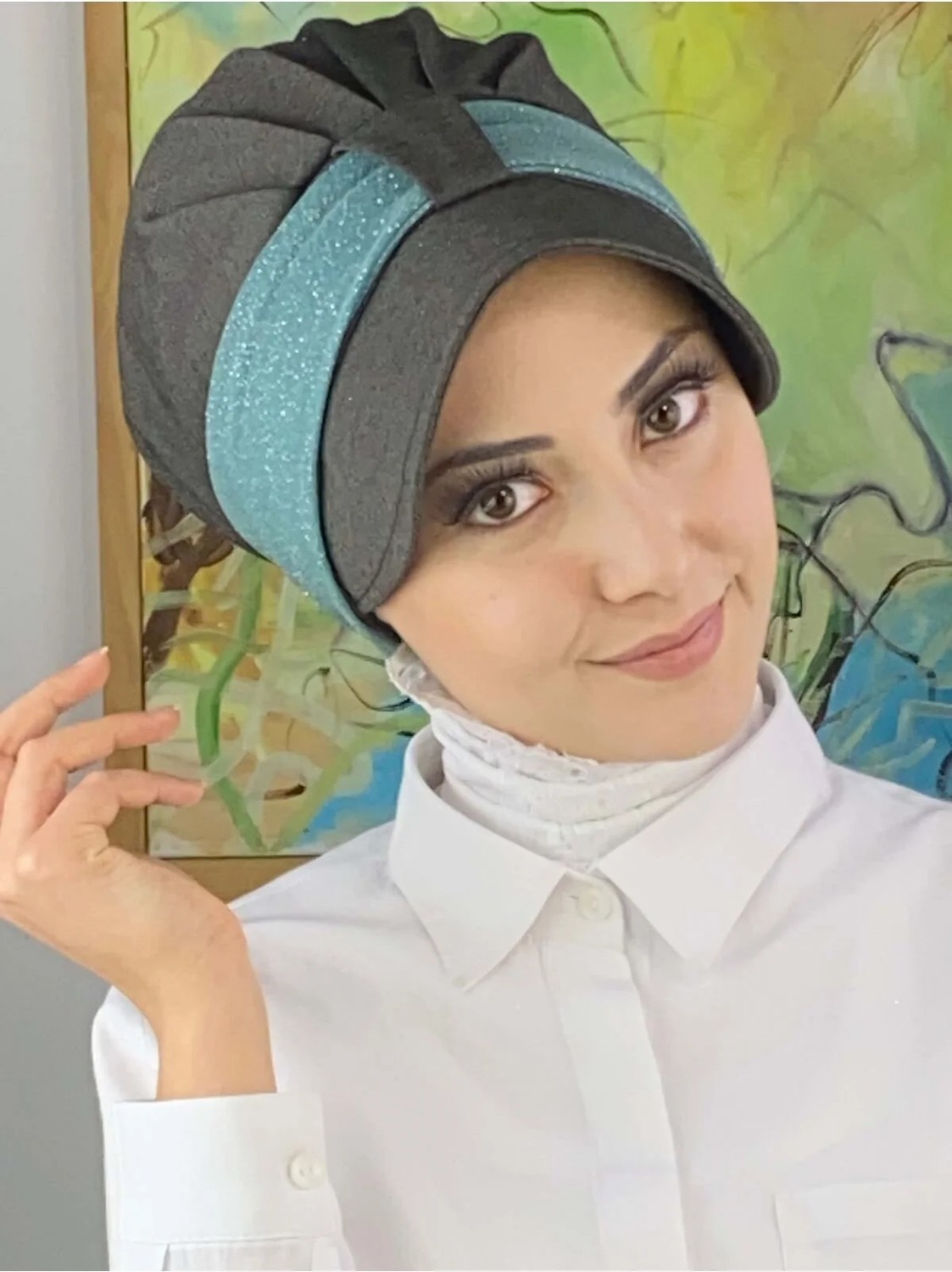 Butik Ambar Cırtcırtlı Mint Yeşili Şifon Fularlı Şapka