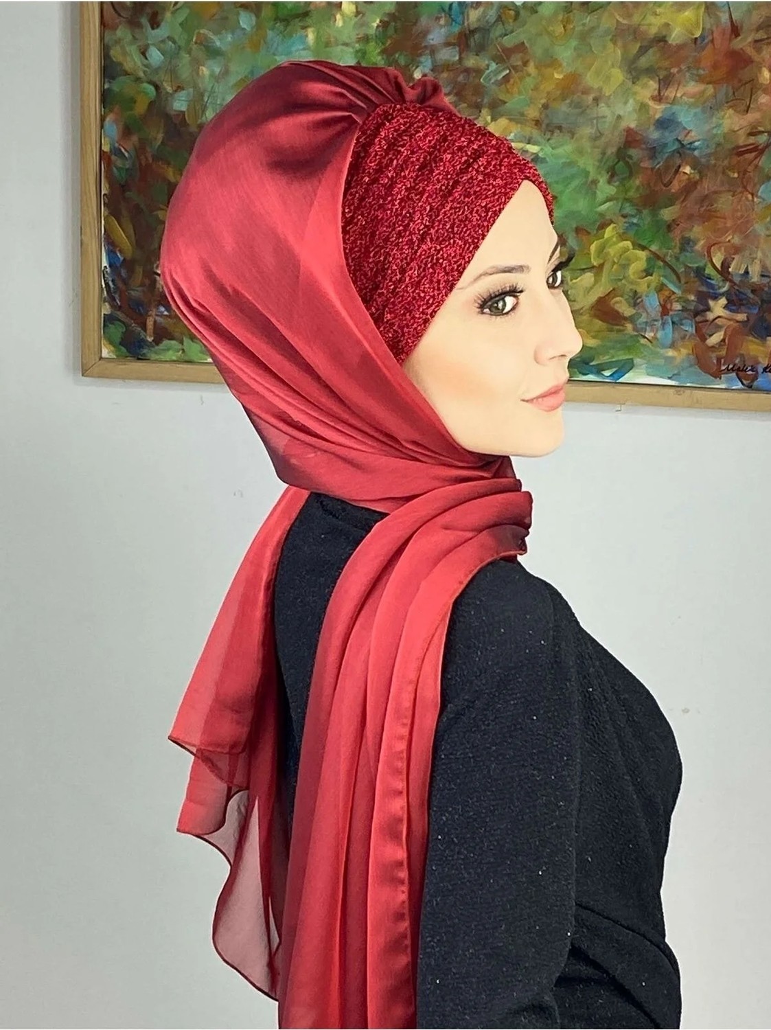 Butik Ambar Sultan Model Kırmızı Fransız Şifon Büzgülü Şal görsel 5