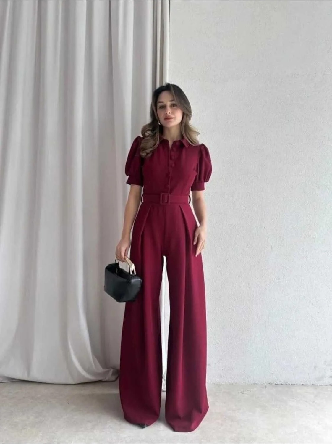 Moda Durağı Steffy Premium Tulum Bordo Kısa Kol Pamuk Kumaş Cepsiz Gömlek Yaka Şık Tasarım görsel 3