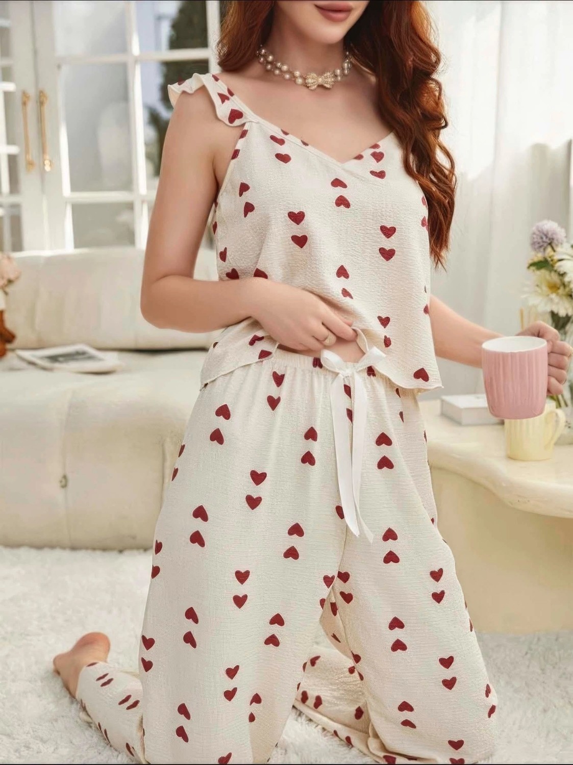 Nemere Kadın Ekru Kırmızı Kalp Desenli Uzun Pijama Takımı Yumuşak Pamuklu Rahat Ev Giyimi Özel Tasarım görsel 3